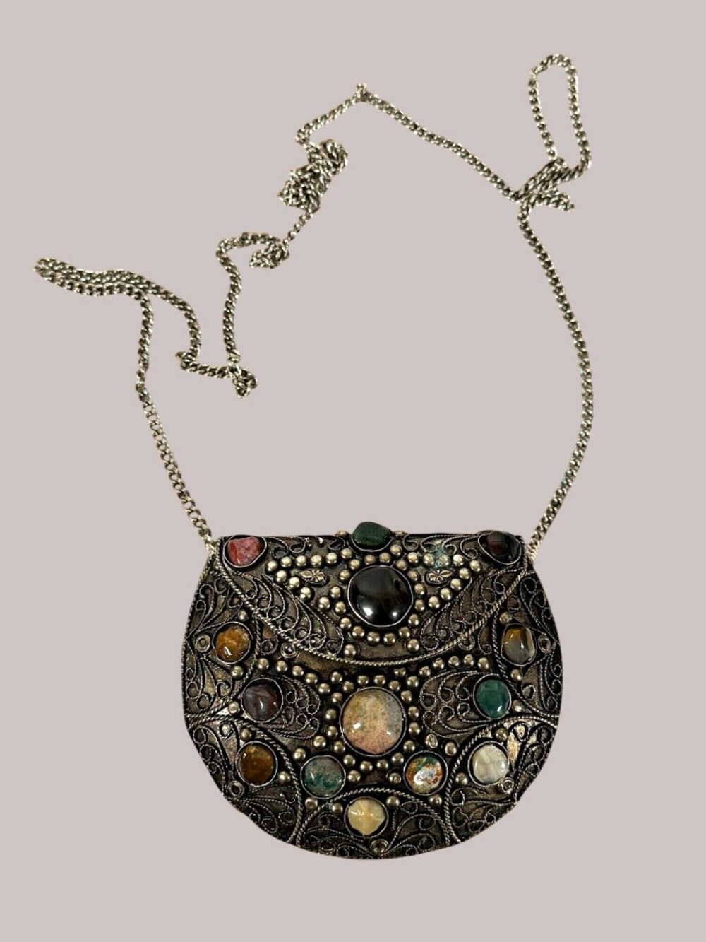 Vintage Sajai Ornate Metal Clutch Purse Stones Chain Strap Boho Witchy Whimsy